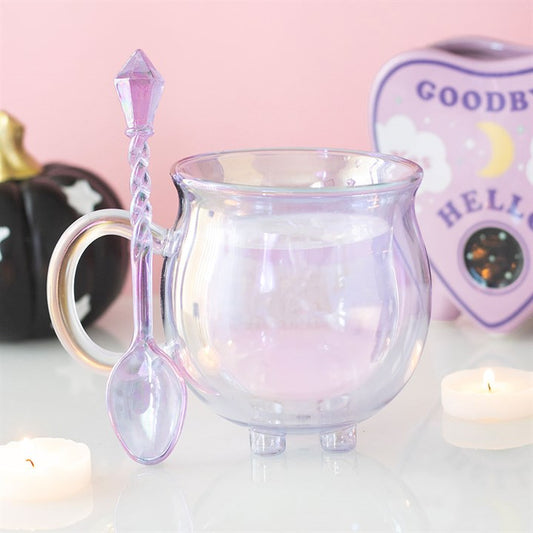 Purple Double Walled Glass Cauldron Mug with Spoon