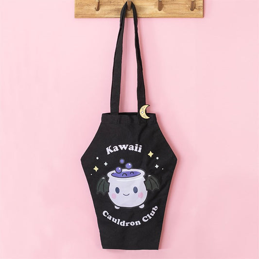 Kawaii Cauldron Club Coffin Shaped Tote Bag with Enamel Pin Badge