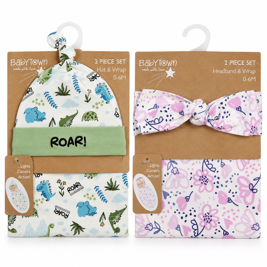 Baby Headband or Hat with a Swaddle Blanket Gift Sets – 0–6 Months